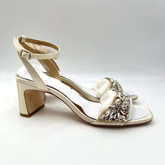 Badgley Mischka Size 7.5 Marsha Ivory White Jeweled Dress Sandals Heels Shoes
